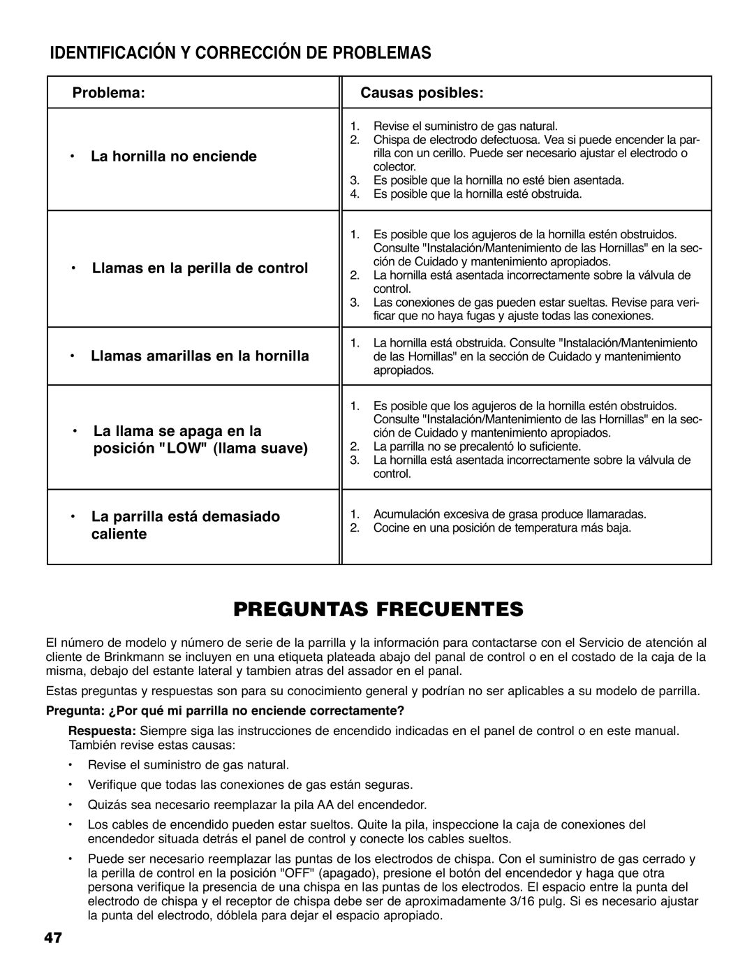 Brinkmann 810-6830-0 owner manual Preguntas Frecuentes, Identificación Y Corrección DE Problemas 