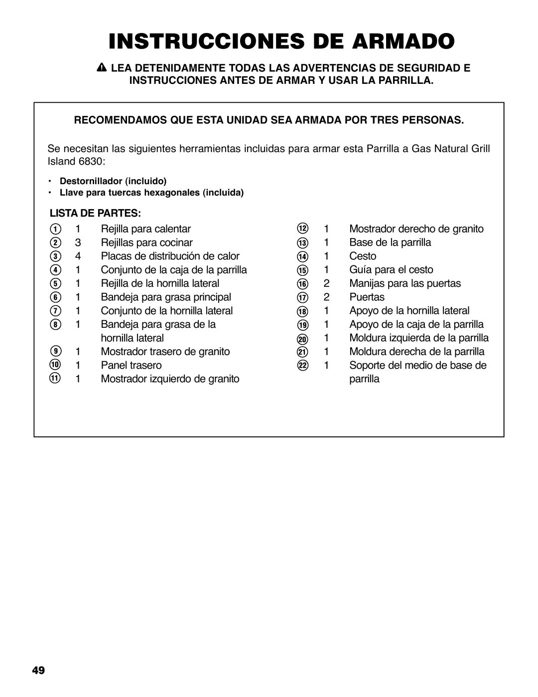 Brinkmann 810-6830-0 owner manual Instrucciones DE Armado 