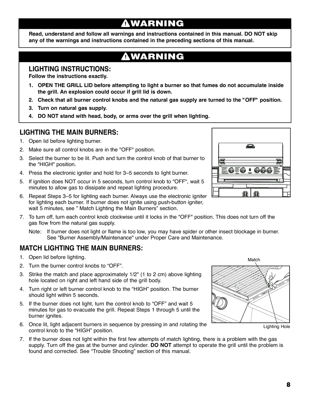 Brinkmann 810-6830-0 owner manual Lighting Instructions, Match Lighting the Main Burners 