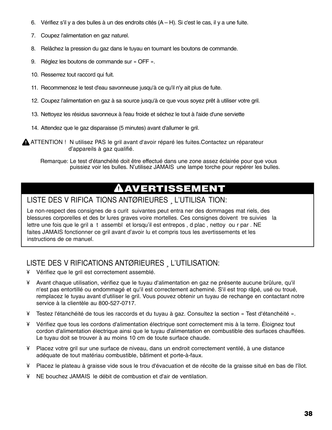 Brinkmann 810-6830-B owner manual Avertissement, Liste DES Vérifications Antèrieures À Lutilisation 