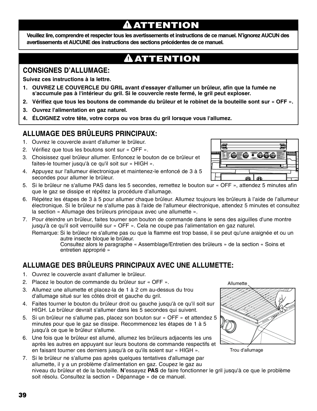 Brinkmann 810-6830-B owner manual Consignes D’ALLUMAGE, Allumage DES Brûleurs Principaux 