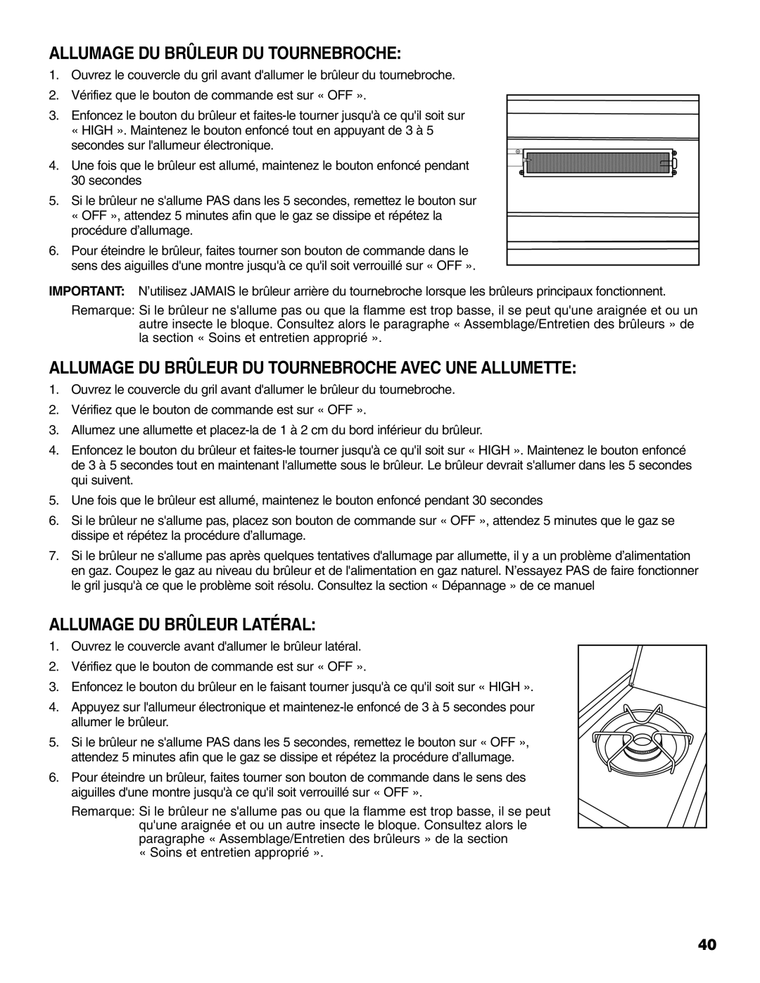 Brinkmann 810-6830-B owner manual Allumage DU Brûleur DU Tournebroche Avec UNE Allumette, Allumage DU Brûleur Latéral 