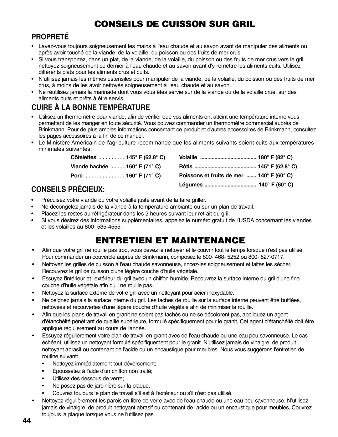 Brinkmann 810-6830-B owner manual Propreté, Cuire À LA Bonne Température, Conseils Précieux 