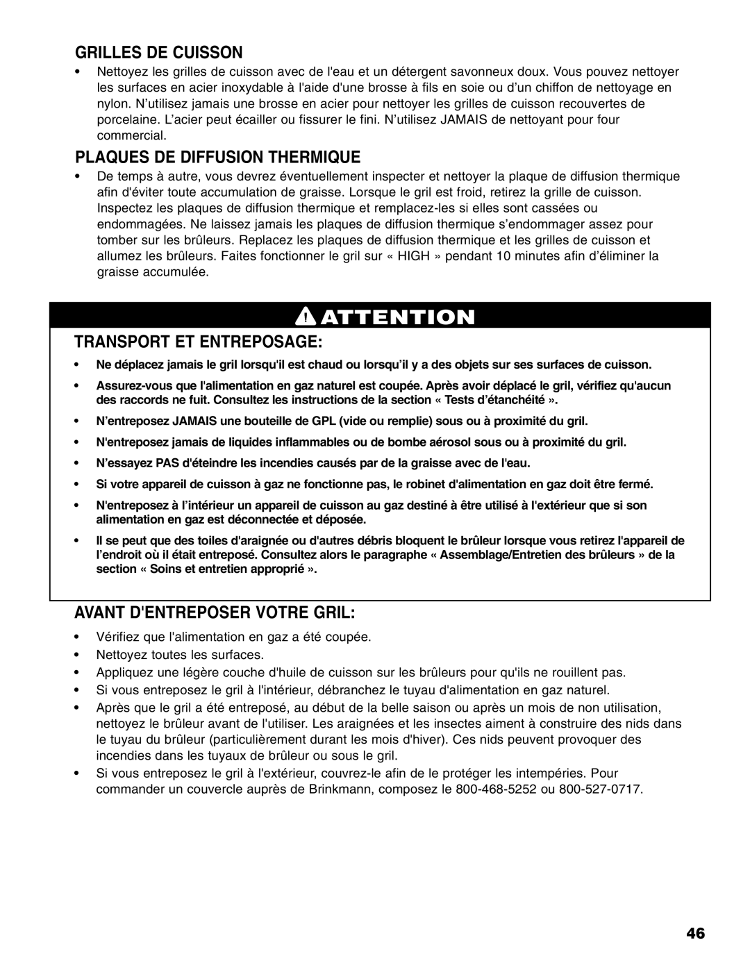 Brinkmann 810-6830-B owner manual Grilles DE Cuisson, Plaques DE Diffusion Thermique, Transport ET Entreposage 