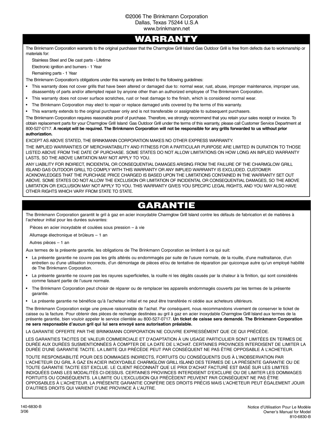 Brinkmann 810-6830-B owner manual Warranty 