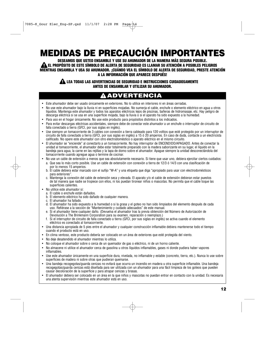 Brinkmann 810-7080-0, 810-7090-S, 810-7080-K, 140-7085-K owner manual Medidas DE Precaución Importantes, Advertencia 