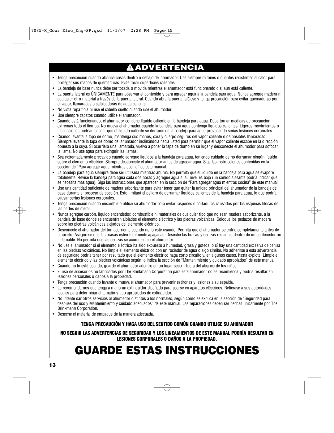 Brinkmann 810-7080-K, 810-7090-S, 810-7080-0, 140-7085-K owner manual Guarde Estas Instrucciones 