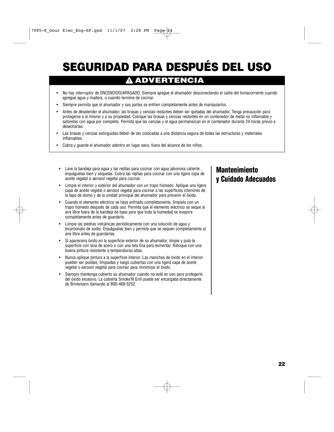 Brinkmann 140-7085-K, 810-7090-S, 810-7080-0, 810-7080-K Seguridad Para Después DEL USO, Mantenimiento Cuidado Adecuados 