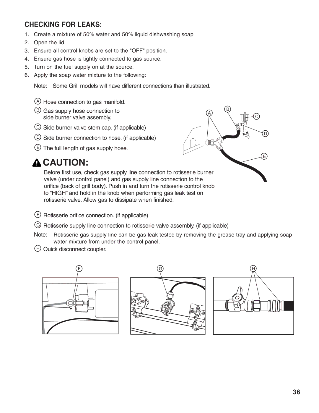 Brinkmann 810-8752-S, 810-8552-S, 810-8640-S, 810-8750-S, 810-8550-S Checking for Leaks, Full length of gas supply hose 