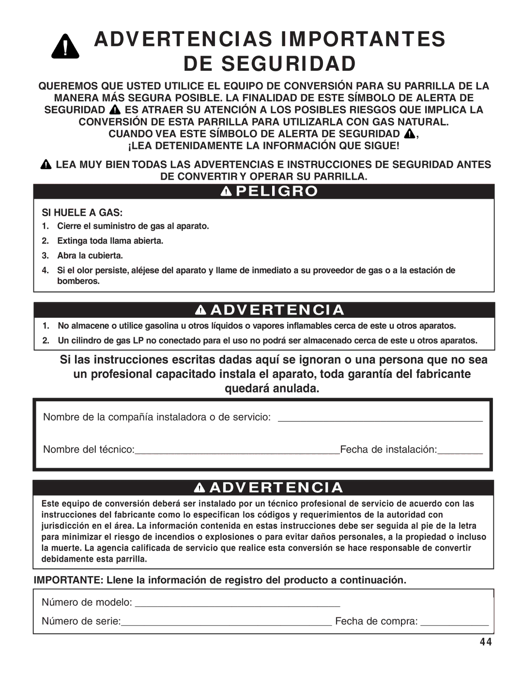 Brinkmann 810-8550-S, 810-8552-S, 810-8640-S, 810-8750-S, 810-8905-S, 810-8530-S Advertencias Importantes DE Seguridad 