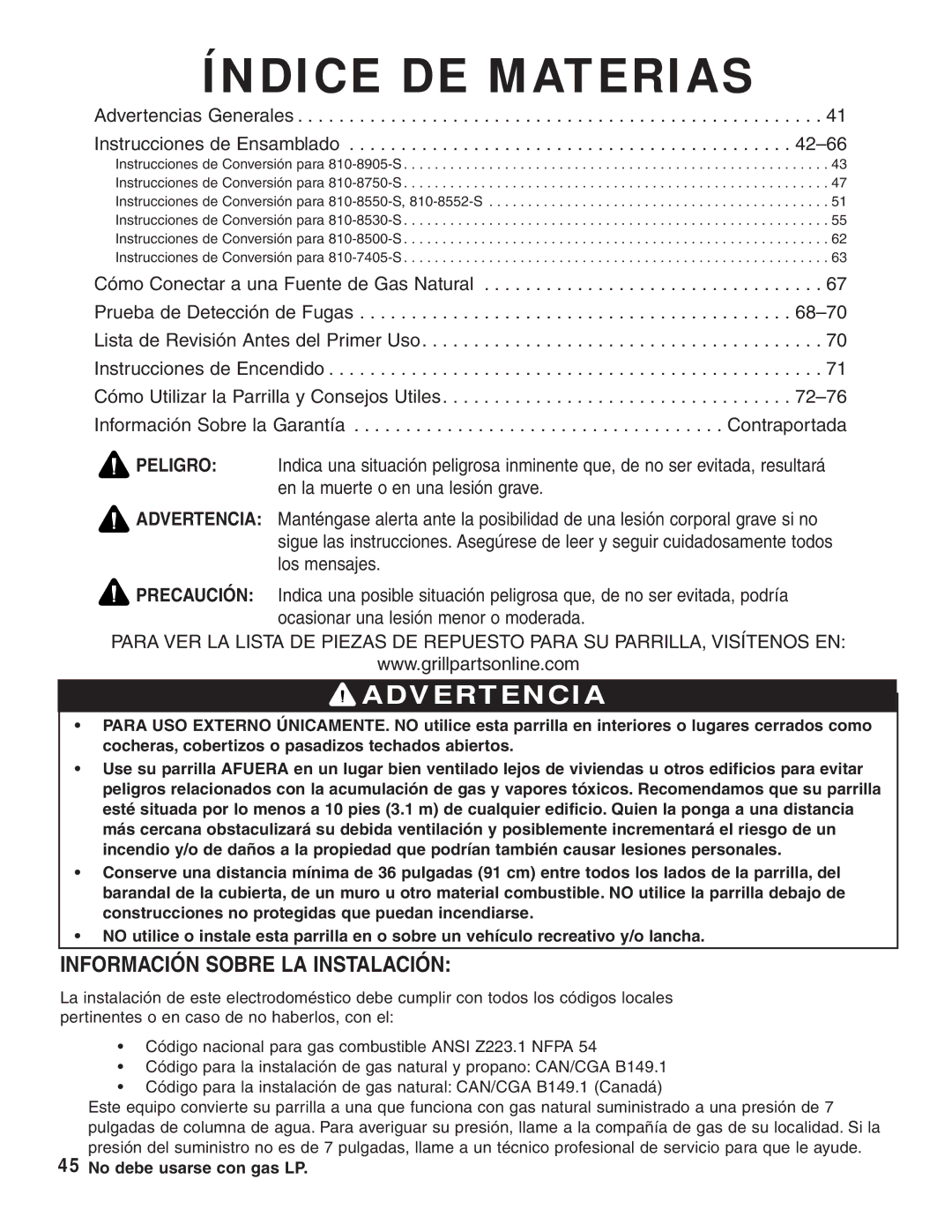 Brinkmann 810-8905-S, 810-8552-S, 810-8640-S, 810-8750-S, 810-8550-S Índice DE Materias, Información Sobre LA Instalación 