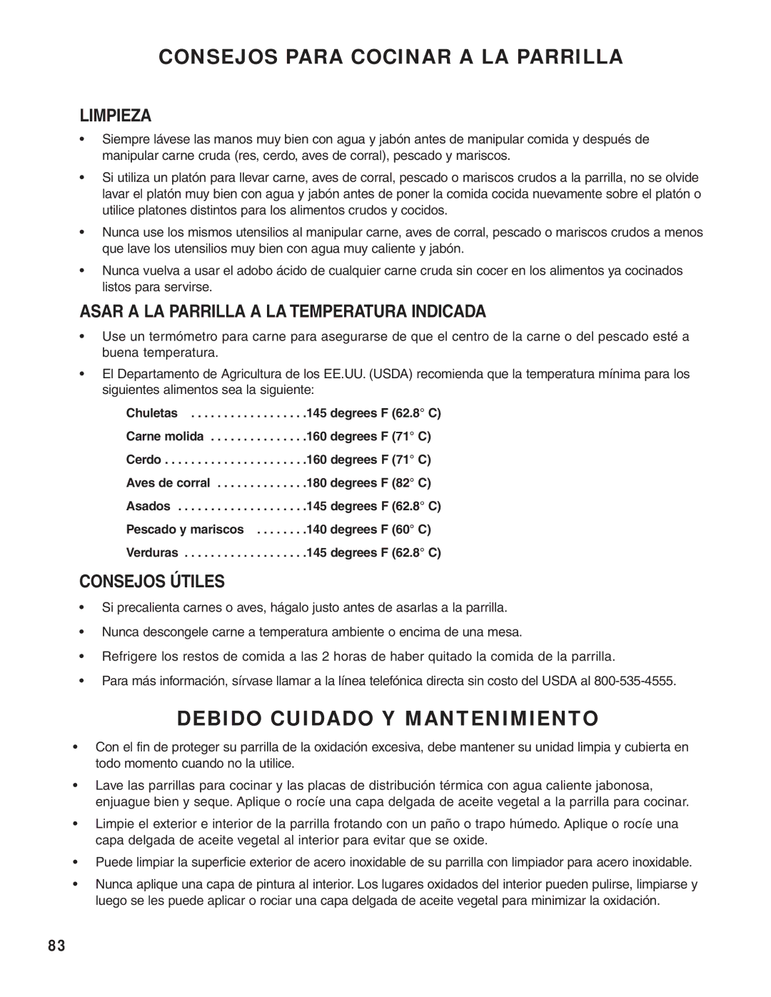 Brinkmann 810-8552-S, 810-8640-S, 810-8750-S Limpieza, Asar a LA Parrilla a LA Temperatura Indicada, Consejos Útiles 