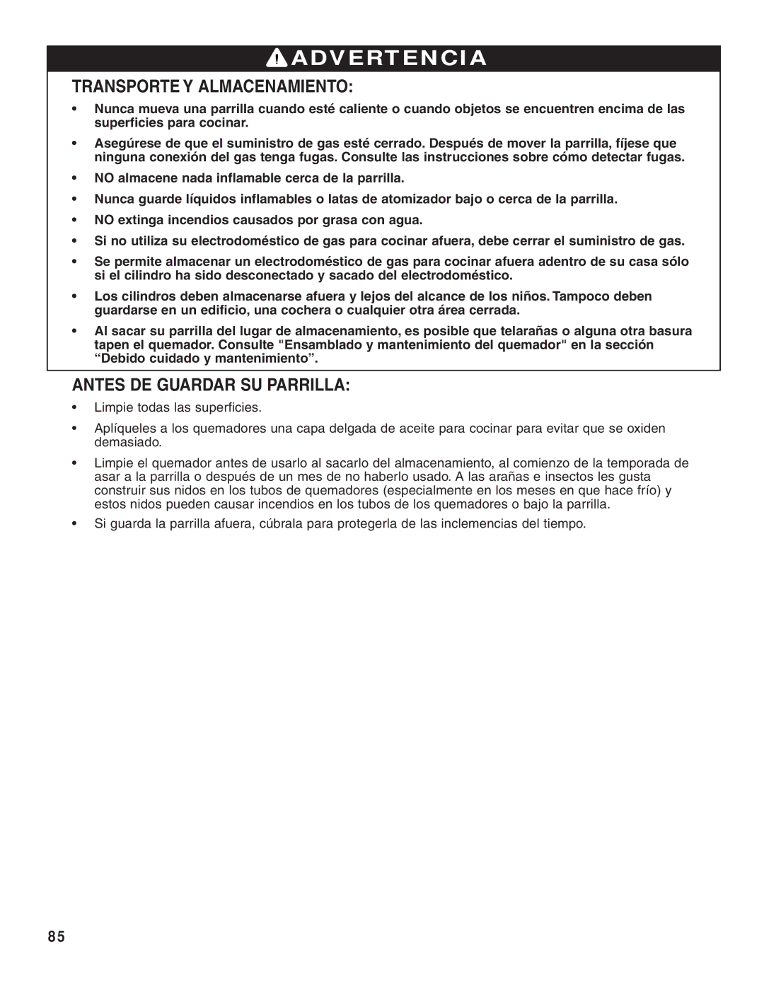 Brinkmann 810-8750-S, 810-8552-S, 810-8640-S, 810-8550-S Transporte Y Almacenamiento, Antes DE Guardar SU Parrilla 