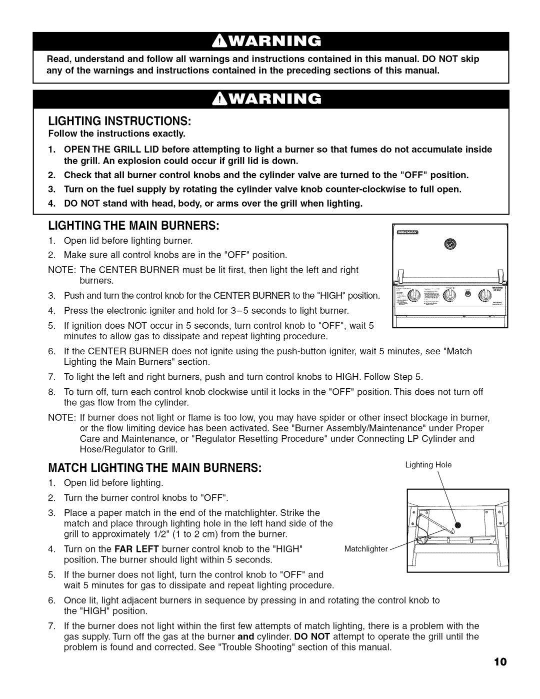 Brinkmann 810.63450 owner manual Lighting Instructions, Match Lighting the Main Burners 