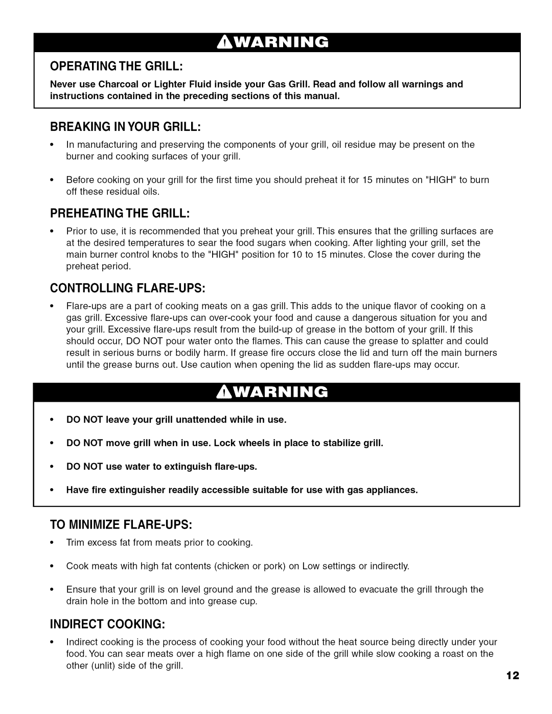 Brinkmann 810.63450 owner manual Operating the Grill, Breaking in Your Grill, Preheating the Grill, Controlling FLARE-UPS 