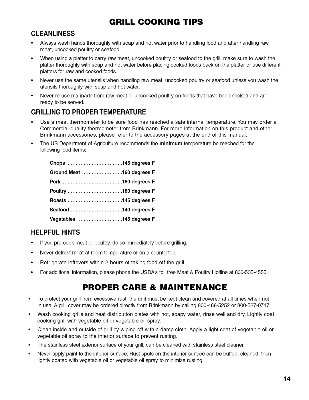 Brinkmann 810.63450 owner manual Cleanliness, Grilling to Proper Temperature, Helpful Hints 