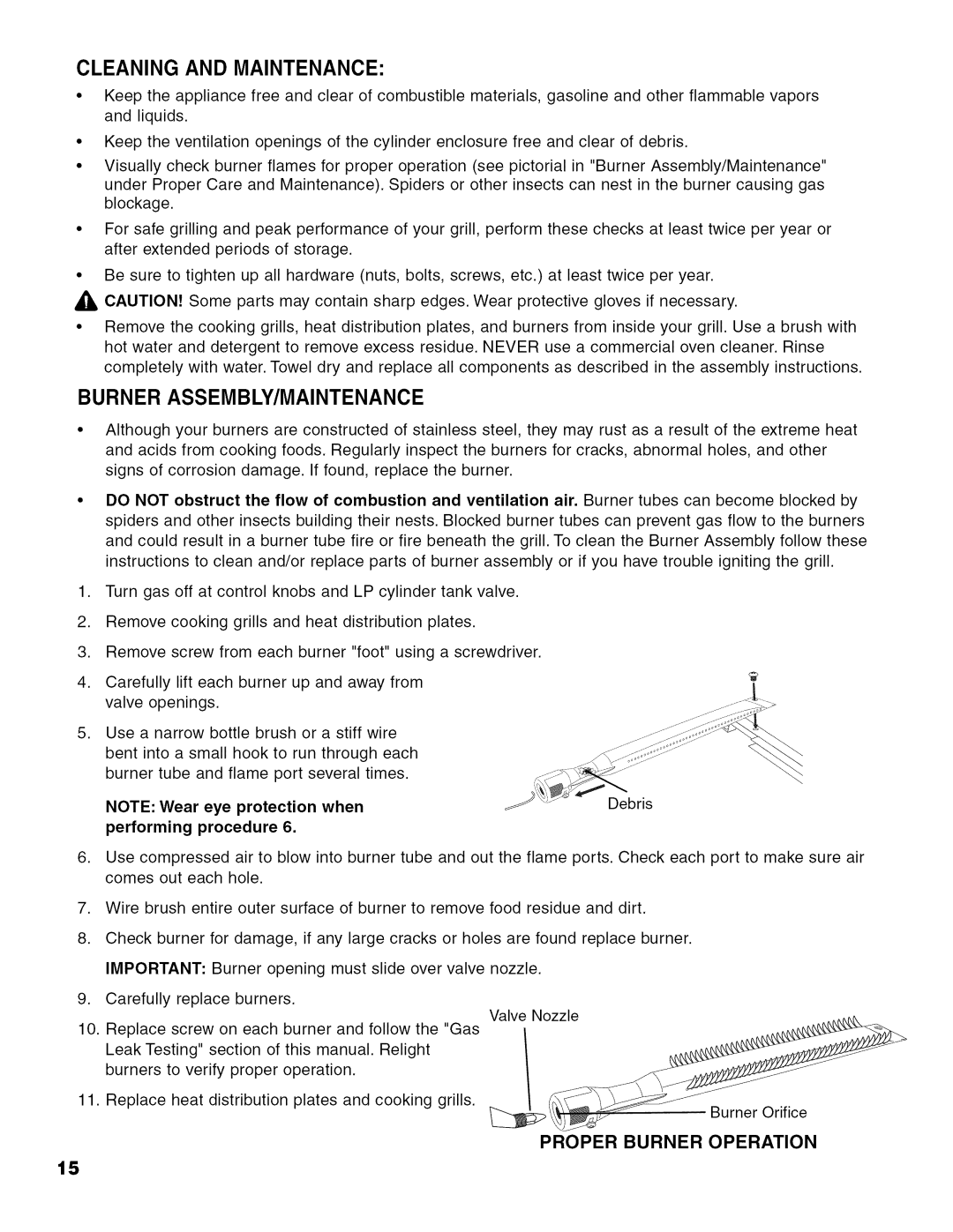 Brinkmann 810.63450 owner manual Cleaning and Maintenance, Burner ASSEMBLY/MAINTENANCE 