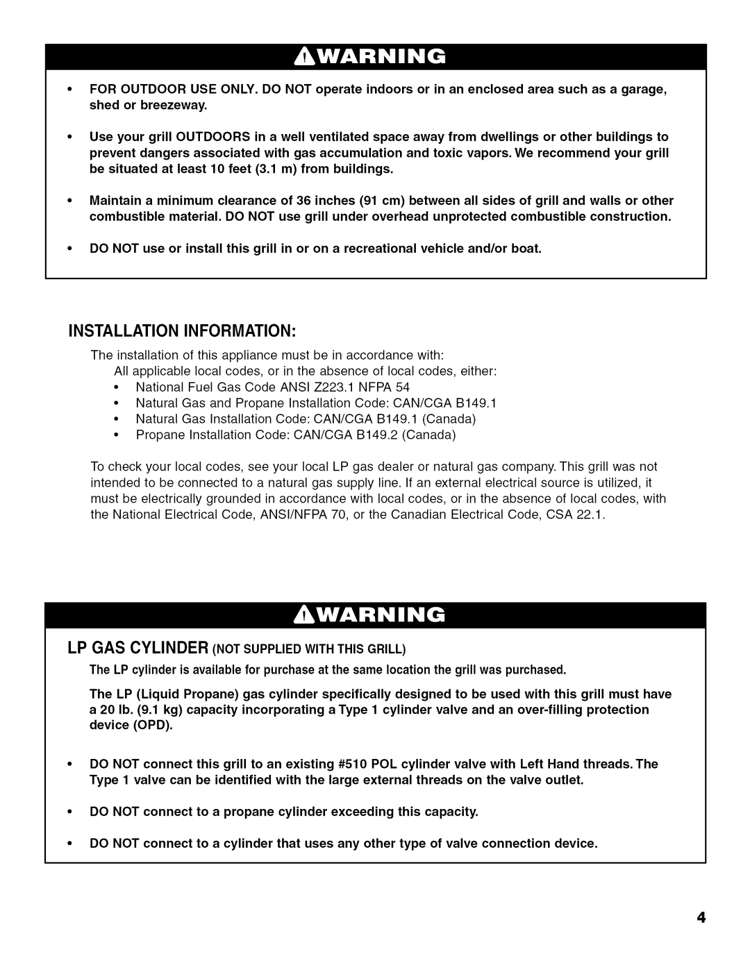 Brinkmann 810.63450 owner manual Installation Information, LP GAS Cylinder not Supplied with this Grill 