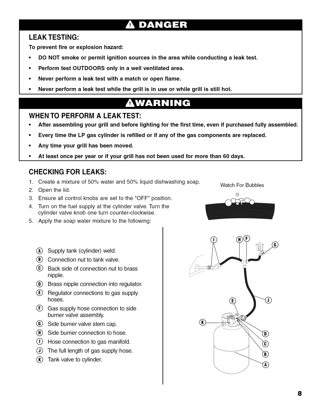 Brinkmann 810.63450 owner manual Leak Testing, When to Perform a Leaktest, Checking for Leaks 