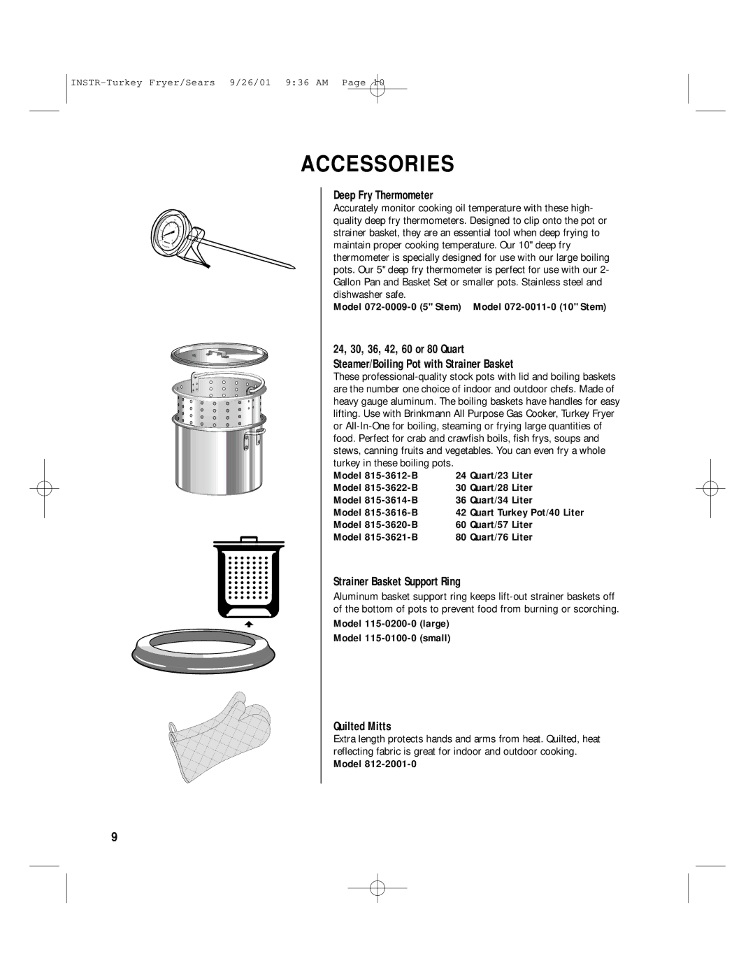 Brinkmann 812-3325-7 owner manual Deep Fry Thermometer, Strainer Basket Support Ring, Quilted Mitts 