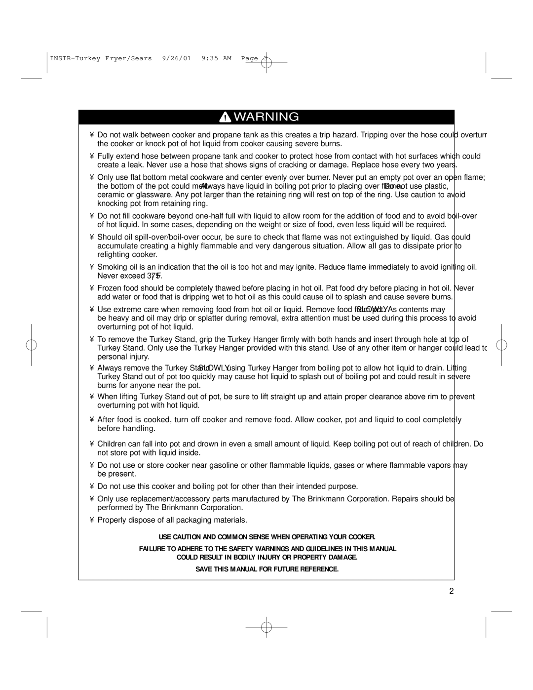 Brinkmann 812-3325-7 owner manual INSTR-Turkey Fryer/Sears 9/26/01 935 AM 