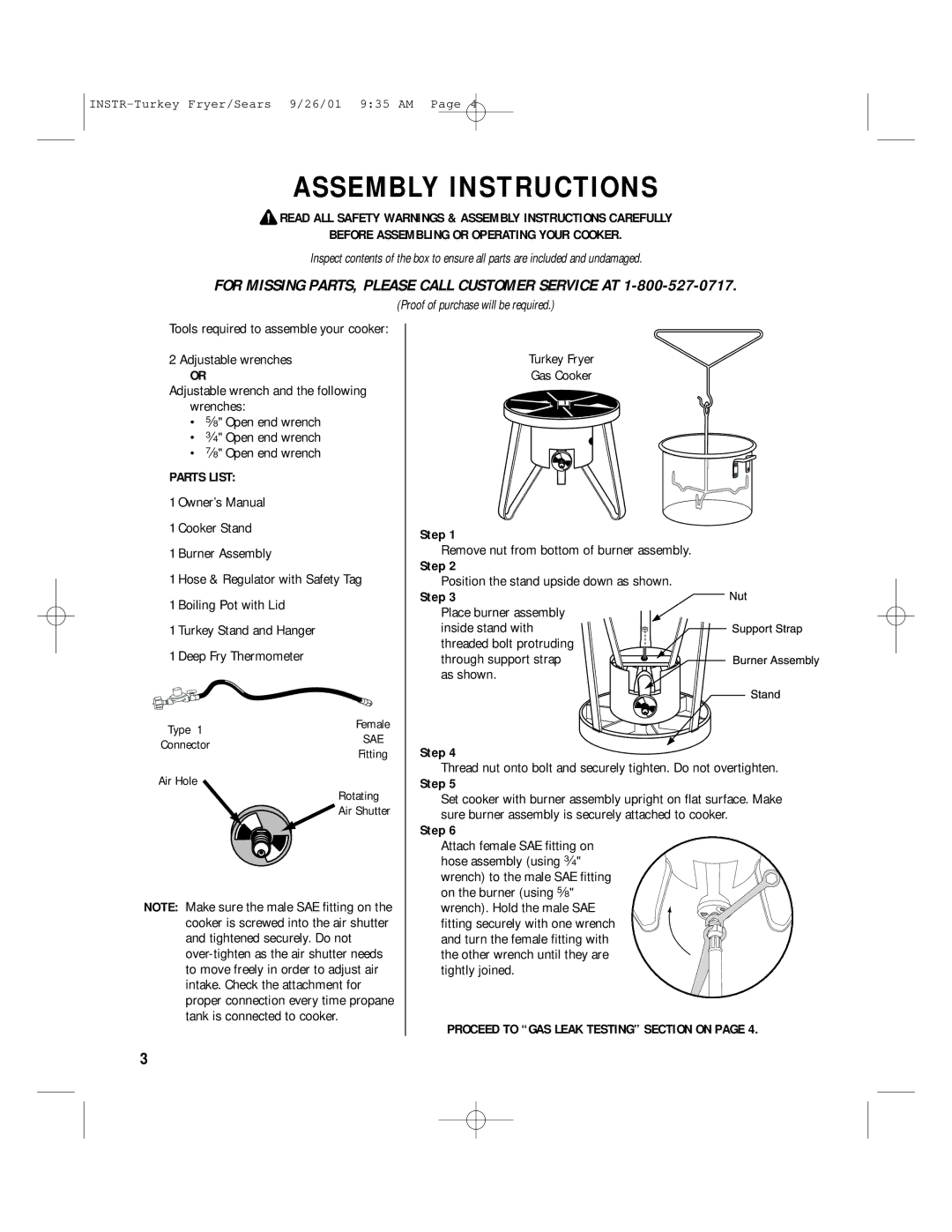 Brinkmann 812-3325-7 owner manual Assembly Instructions, For Missing PARTS, Please Call Customer Service AT 