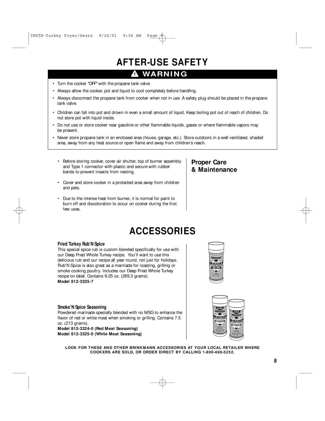 Brinkmann 812-3325-7 owner manual AFTER-USE Safety, Accessories, Fried Turkey Rub’N Spice, Smoke’N Spice Seasoning 