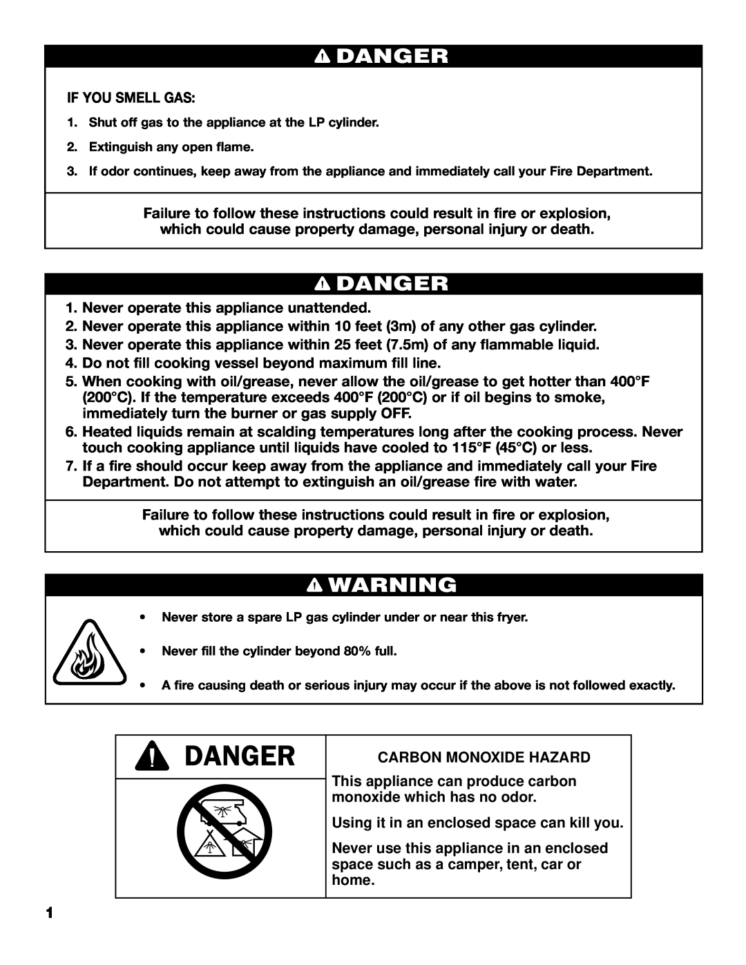 Brinkmann 815-3500 Danger, Carbon Monoxide Hazard, This appliance can produce carbon monoxide which has no odor 