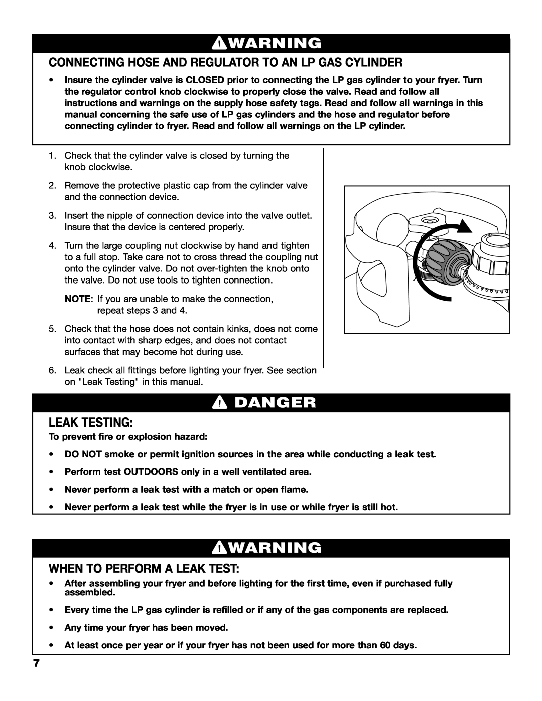 Brinkmann 815-3500 Connecting Hose And Regulator To An Lp Gas Cylinder, Leak Testing, When To Perform A Leak Test, Danger 
