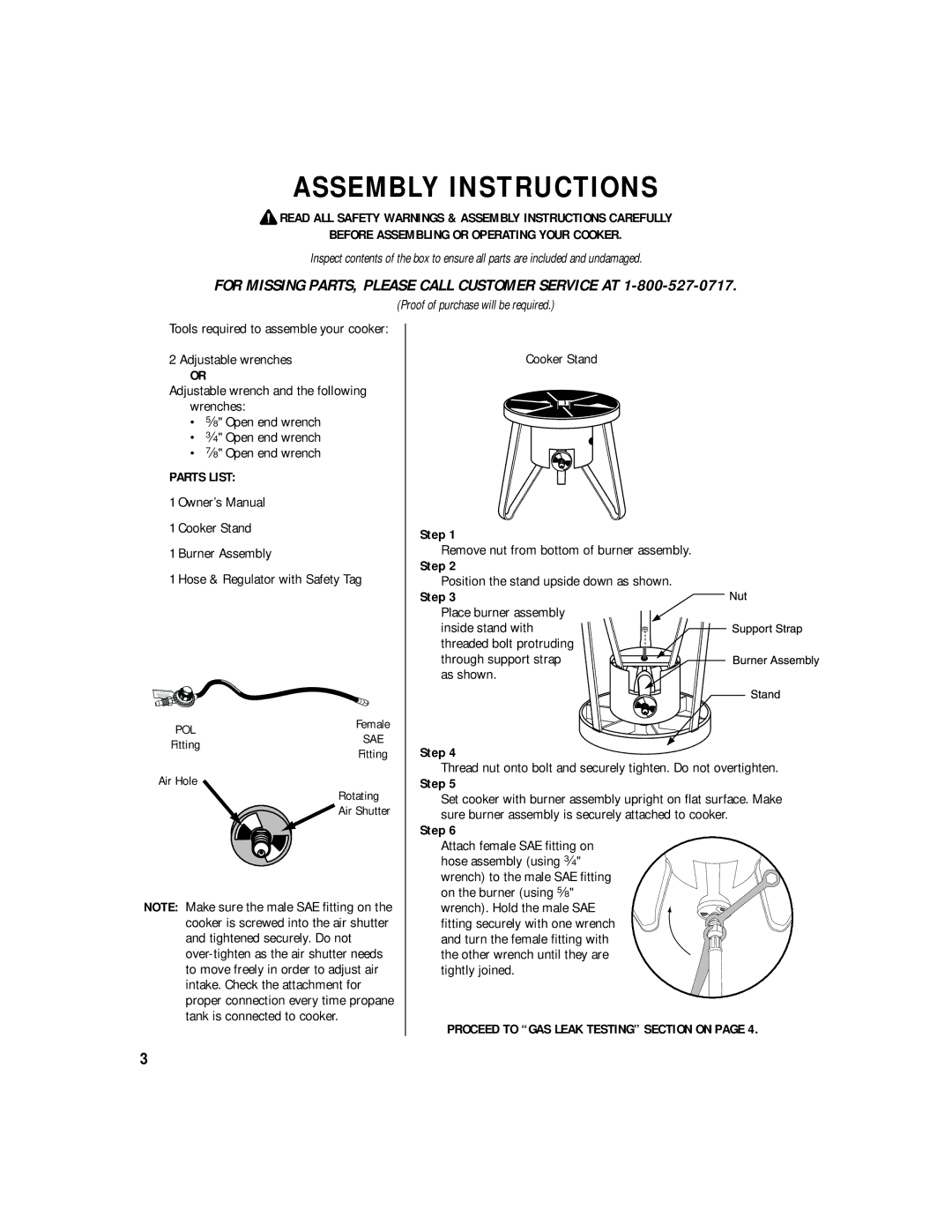 Brinkmann 815-3880-0 owner manual Assembly Instructions, For Missing PARTS, Please Call Customer Service AT 