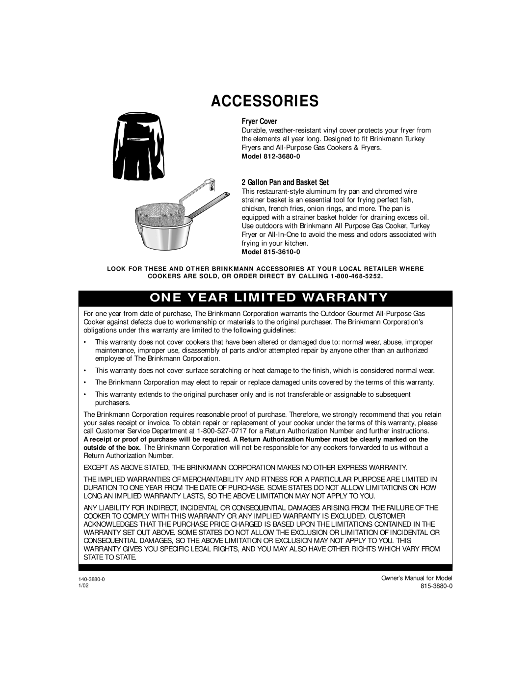 Brinkmann 815-3880-0 owner manual Accessories, Fryer Cover 