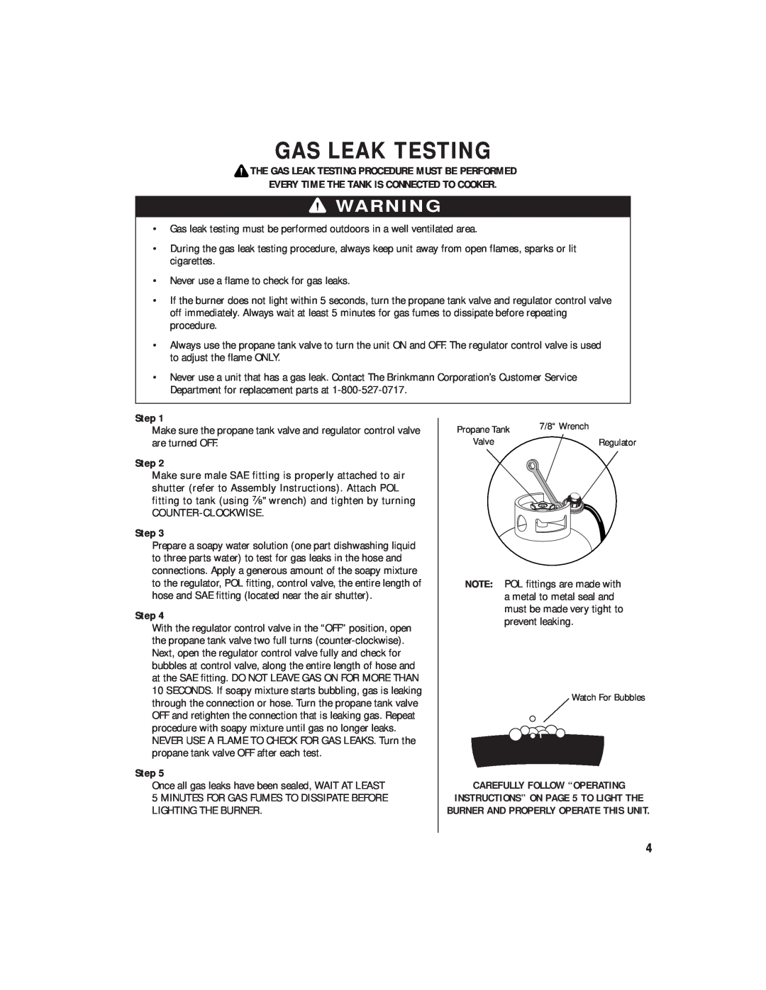 Brinkmann 815-3880-0 The Gas Leak Testing Procedure Must Be Performed, Every Time The Tank Is Connected To Cooker 