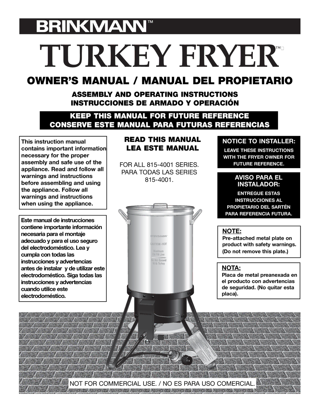 Brinkmann 815-4001-S owner manual Turkey Fryer 