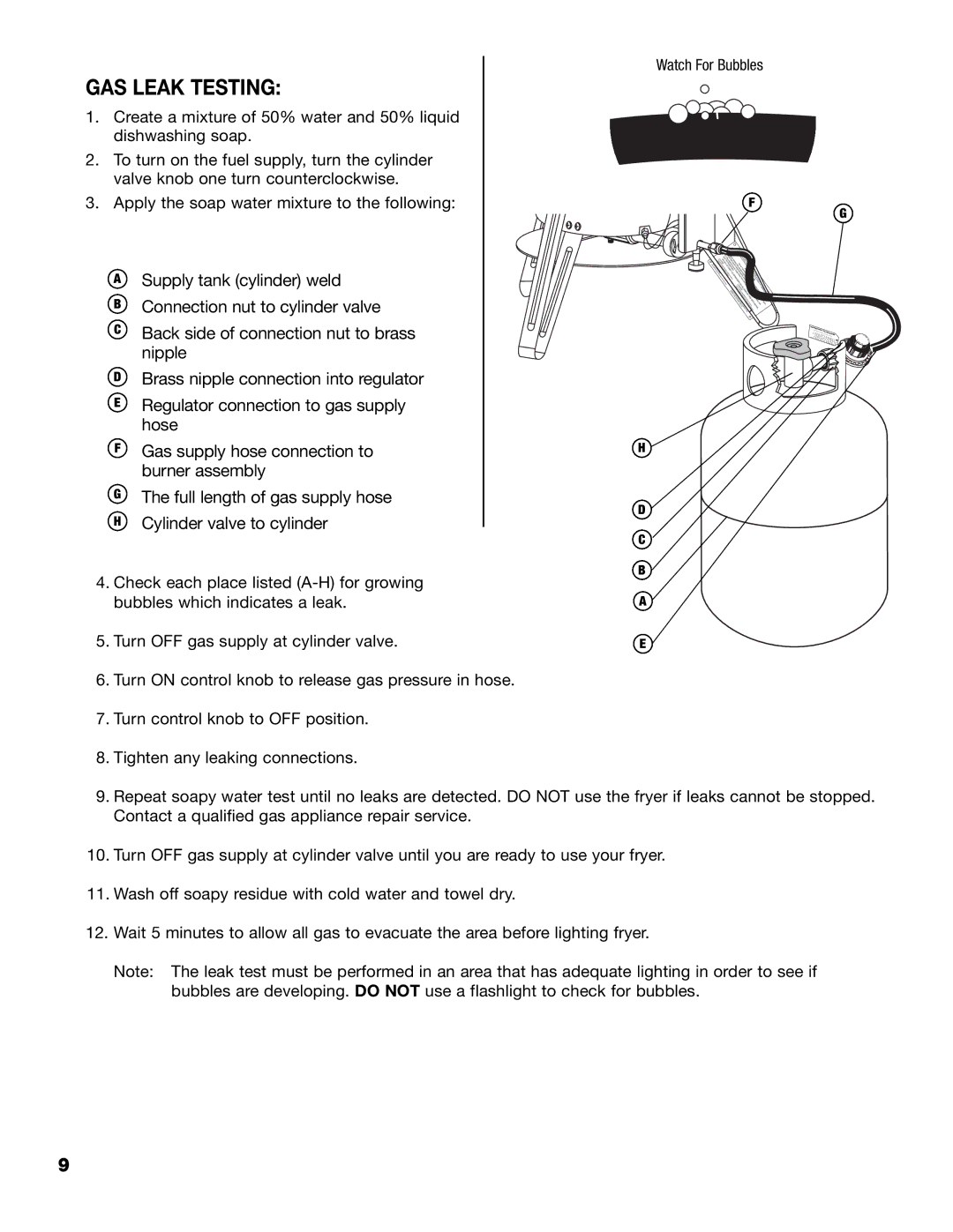 Brinkmann 815-4001-S owner manual GAS Leak Testing, Watch For Bubbles 