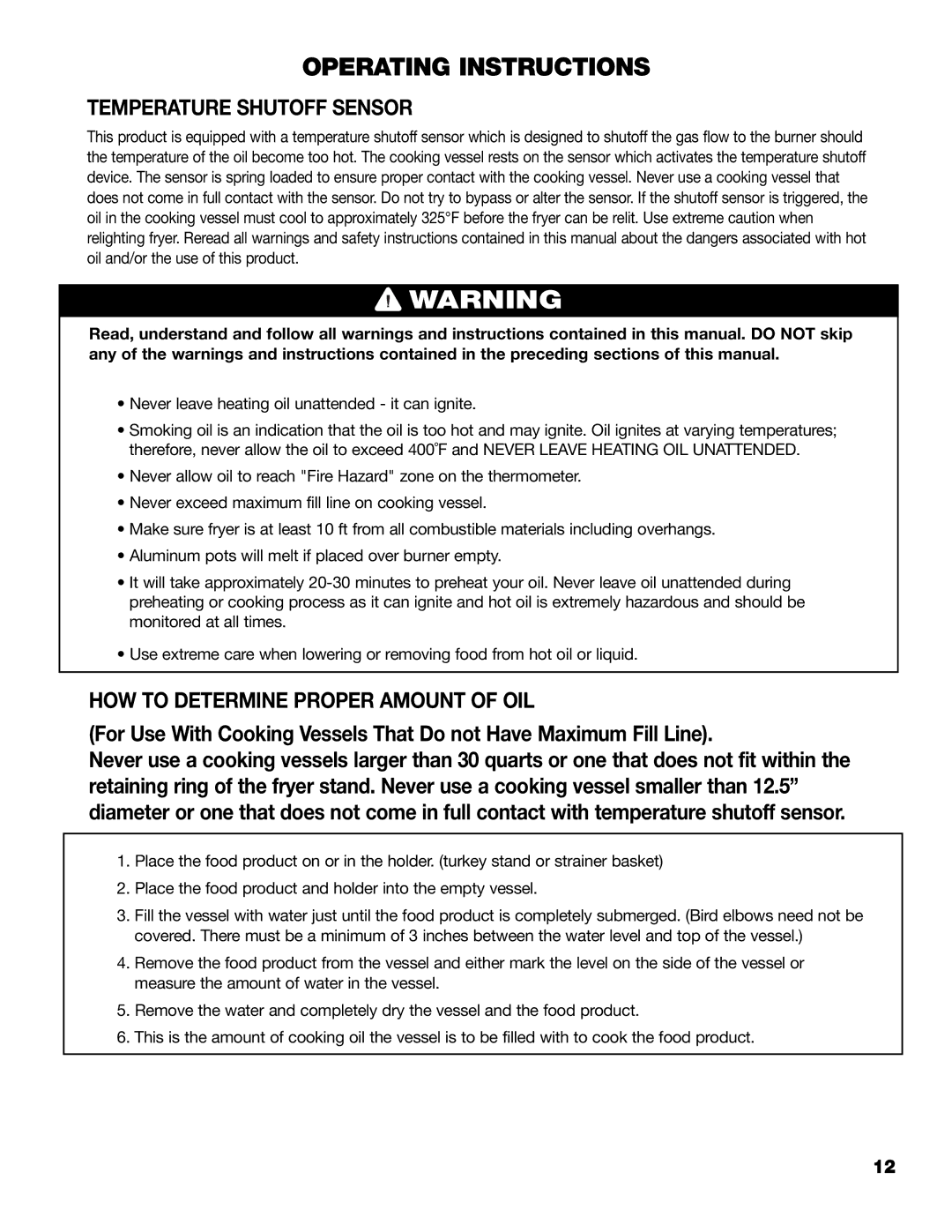 Brinkmann 815-4001-S owner manual Temperature Shutoff Sensor, HOW to Determine Proper Amount of OIL 