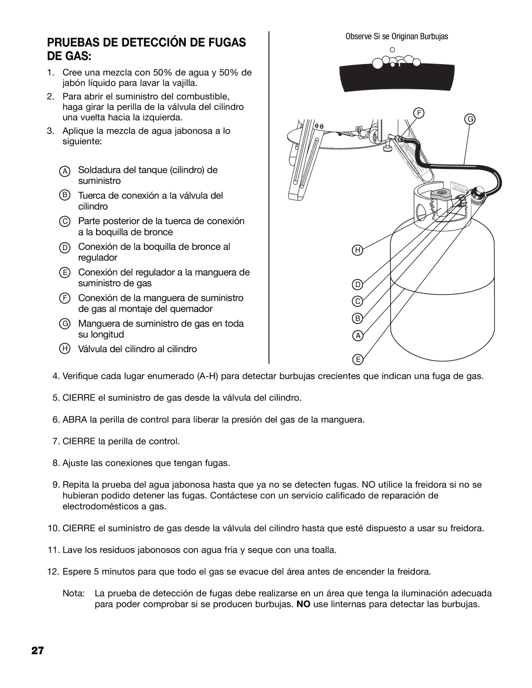 Brinkmann 815-4001-S owner manual Pruebas DE Detección DE Fugas DE GAS, Observe Si se Originan Burbujas 