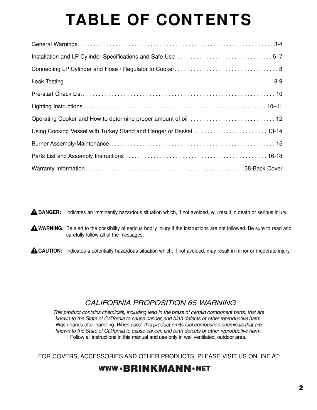 Brinkmann 815-4001-S owner manual Table of Contents 