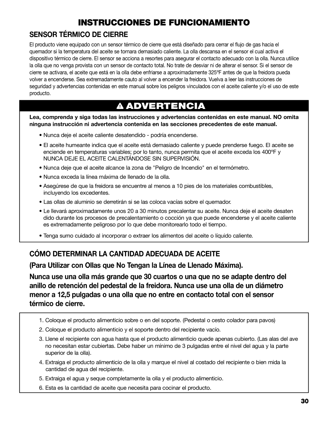 Brinkmann 815-4001-S owner manual Sensor Térmico DE Cierre, Cómo Determinar LA Cantidad Adecuada DE Aceite 