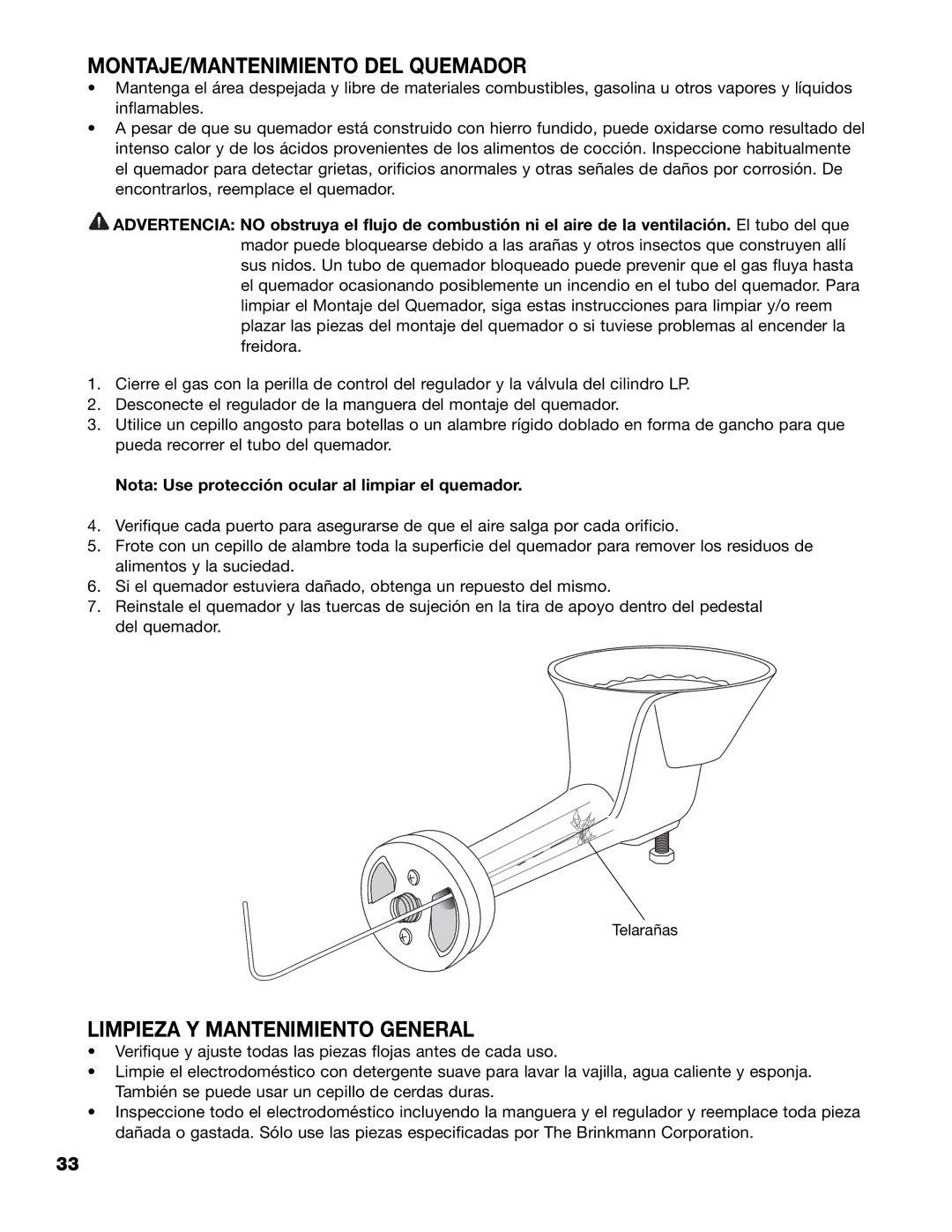 Brinkmann 815-4001-S owner manual MONTAJE/MANTENIMIENTO DEL Quemador, Limpieza Y Mantenimiento General 