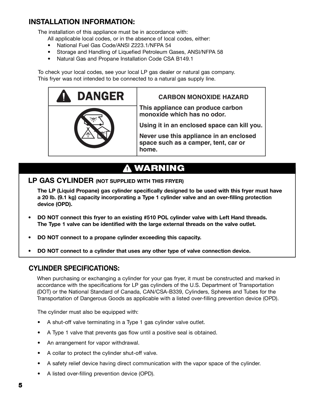 Brinkmann 815-4001-S owner manual Installation Information, Cylinder Specifications 