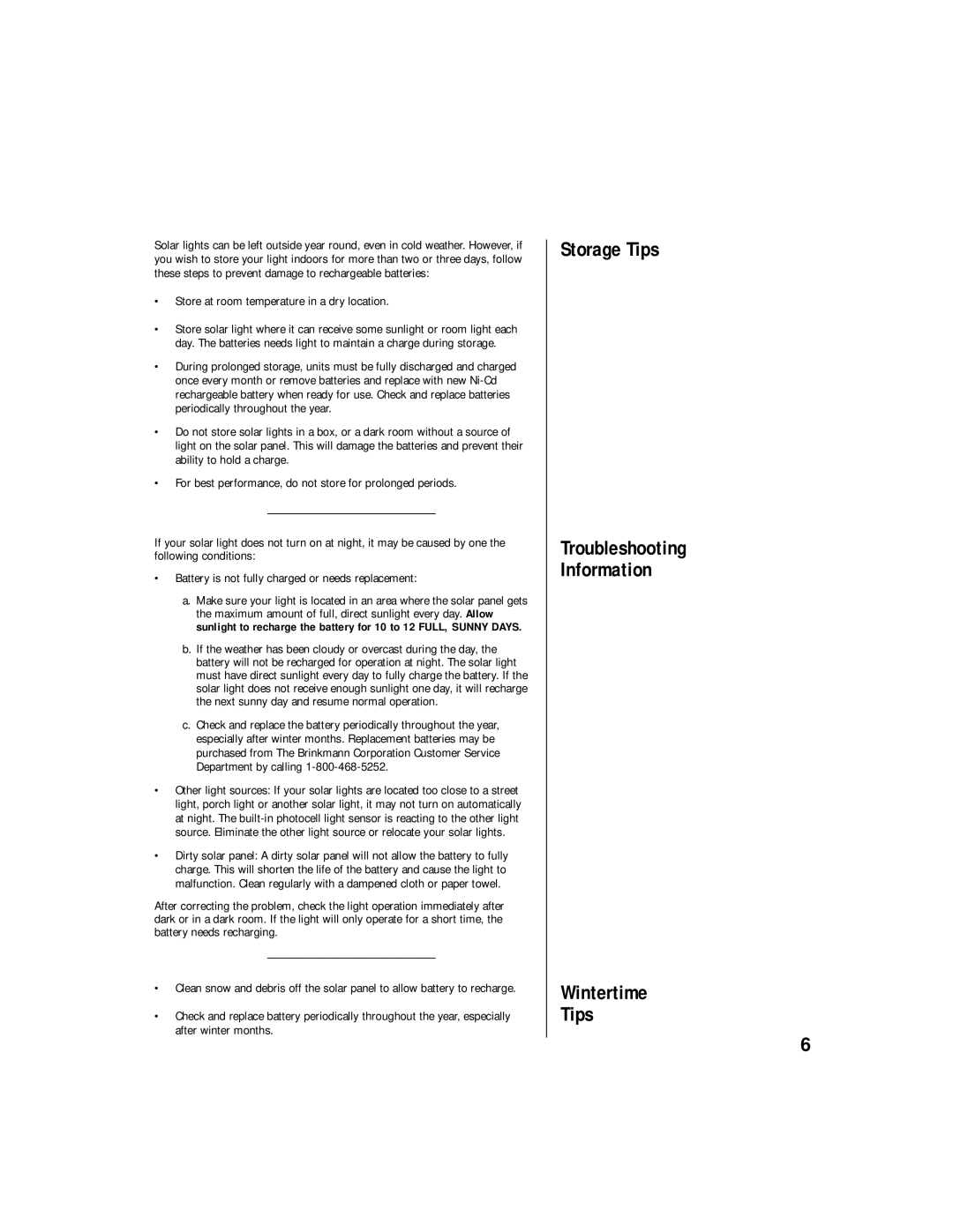 Brinkmann 822-0408-4 Storage Tips Troubleshooting Information Wintertime, Store at room temperature in a dry location 