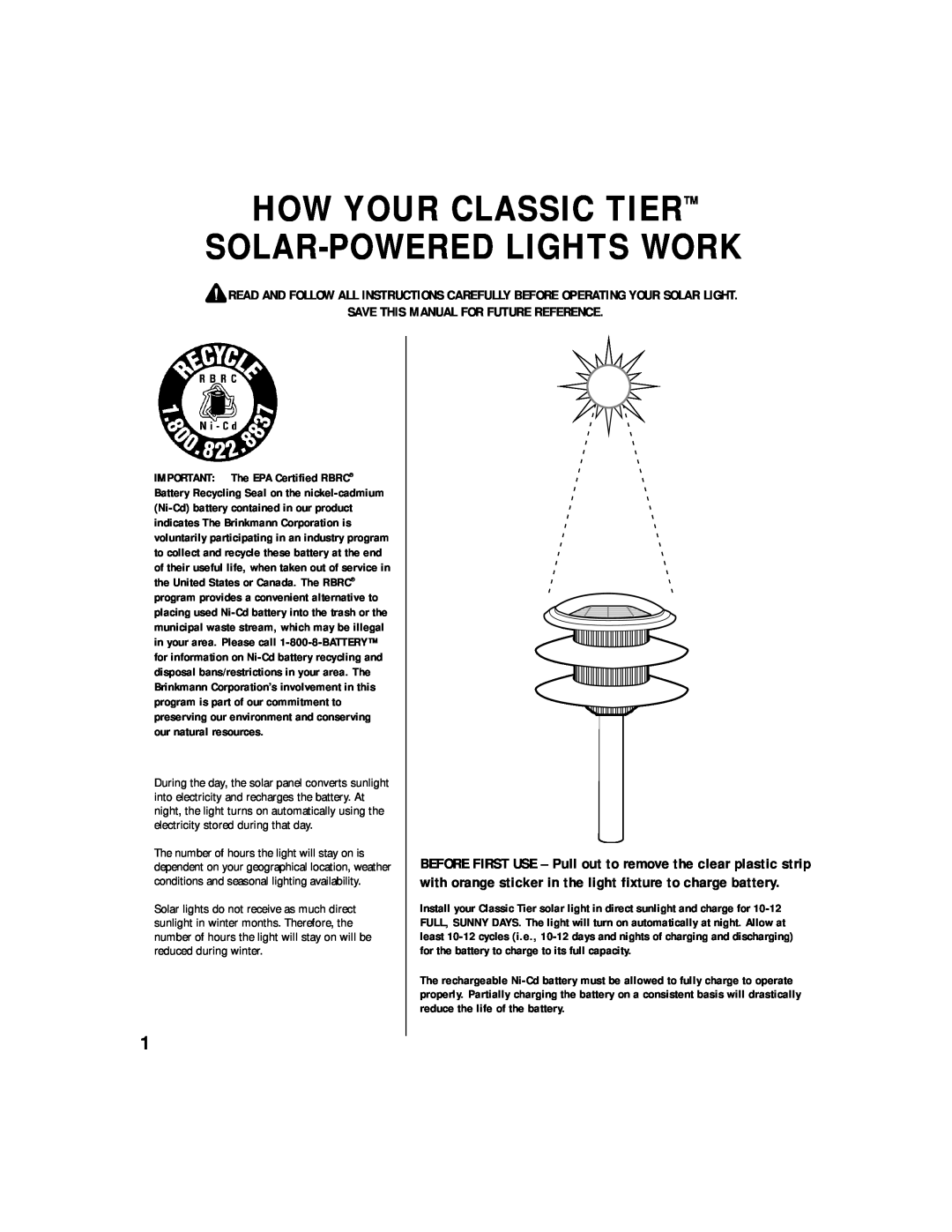 Brinkmann 822-0408-0, 822-0408-4 Save This Manual For Future Reference, How Your Classic Tiertm Solar-Poweredlights Work 