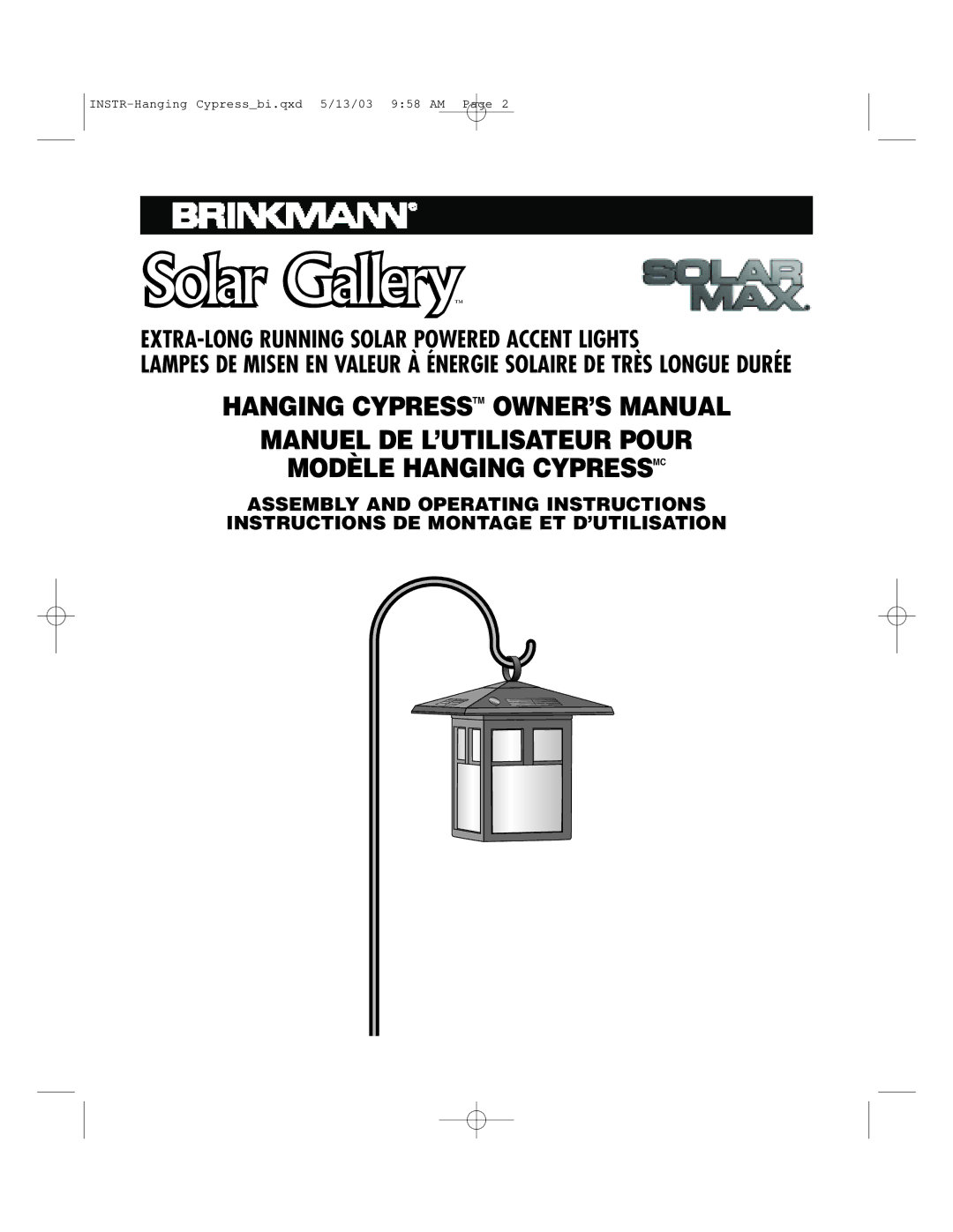 Brinkmann 822-1506-B owner manual Solar Gallery, Manuel DE L’UTILISATEUR Pour Modèle Hanging Cypressmc 