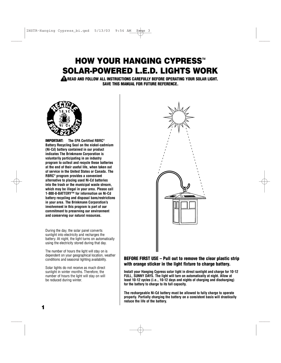 Brinkmann 822-1506-B owner manual HOW Your Hanging Cypresstm SOLAR-POWERED L.E.D. Lights Work 