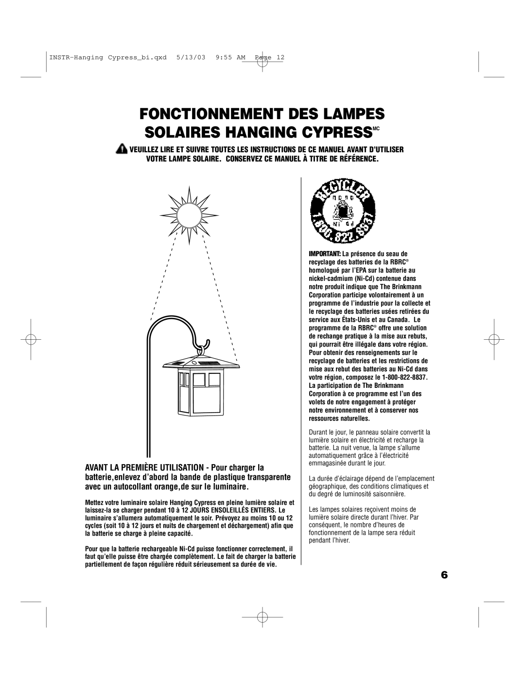 Brinkmann 822-1506-B owner manual Fonctionnement DES Lampes Solaires Hanging Cypressmc 