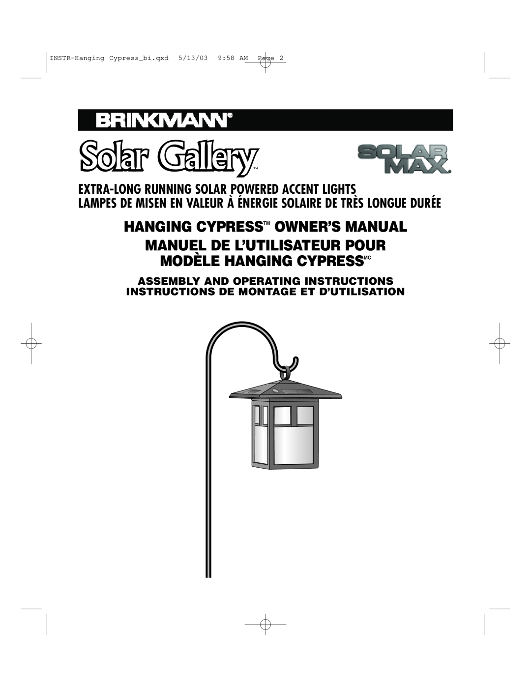 Brinkmann 822-1506-B owner manual Modèle Hanging Cypressmc, INSTR-Hanging Cypressbi.qxd 5/13/03 958 AM Page, Solar Gallery 