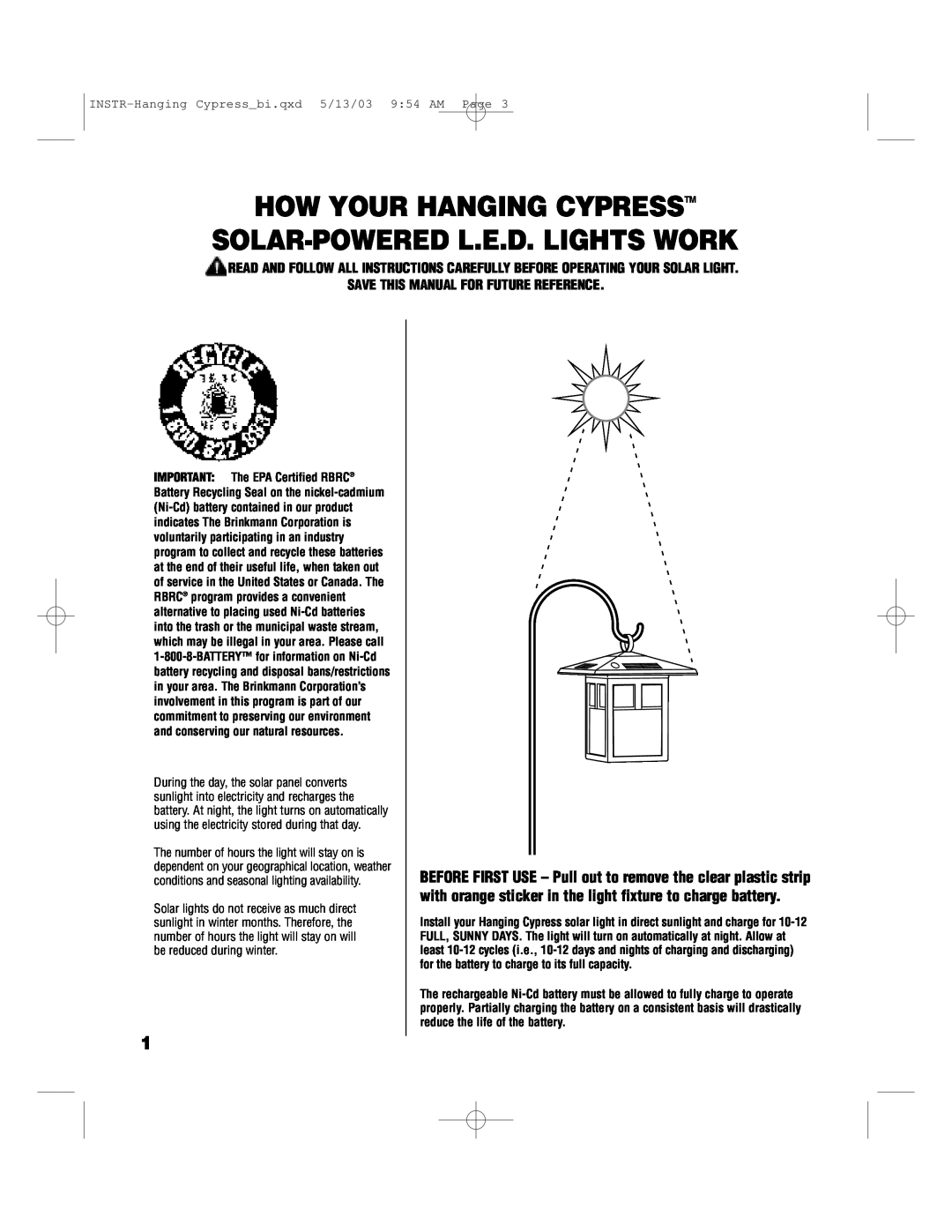 Brinkmann 822-1506-B How Your Hanging Cypresstm Solar-Powered L.E.D. Lights Work, Save This Manual For Future Reference 