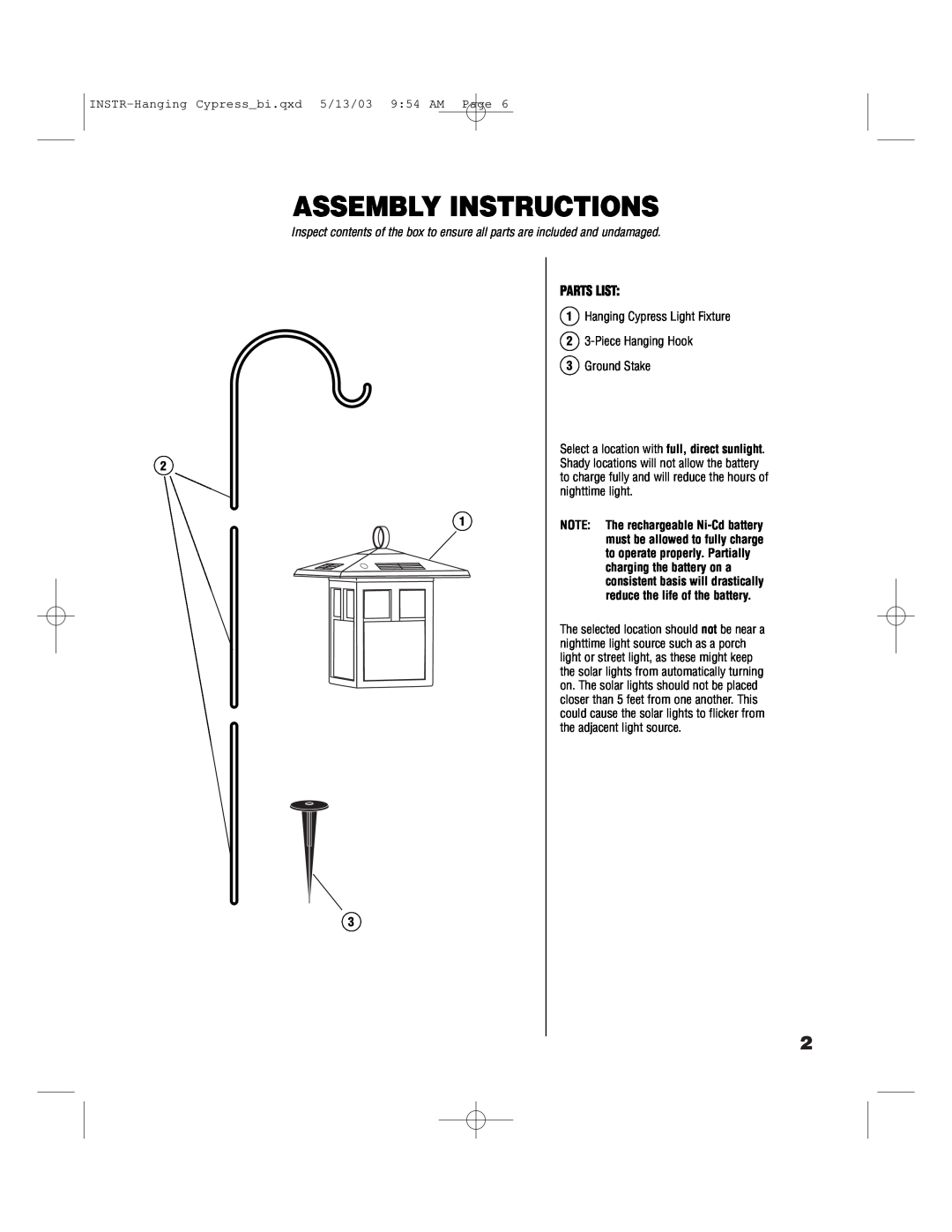 Brinkmann 822-1506-B owner manual Assembly Instructions, Parts List, INSTR-Hanging Cypressbi.qxd 5/13/03 954 AM Page 