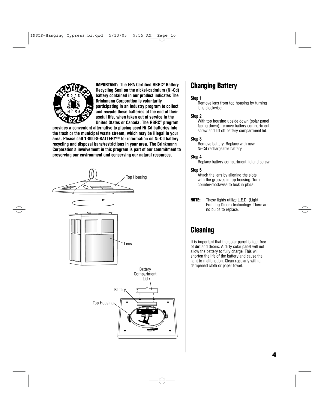 Brinkmann 822-1506-B owner manual Changing Battery, Cleaning, INSTR-Hanging Cypressbi.qxd 5/13/03 955 AM Page, Step 