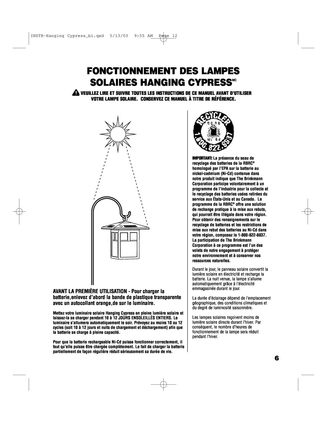 Brinkmann 822-1506-B owner manual Fonctionnement Des Lampes Solaires Hanging Cypressmc 